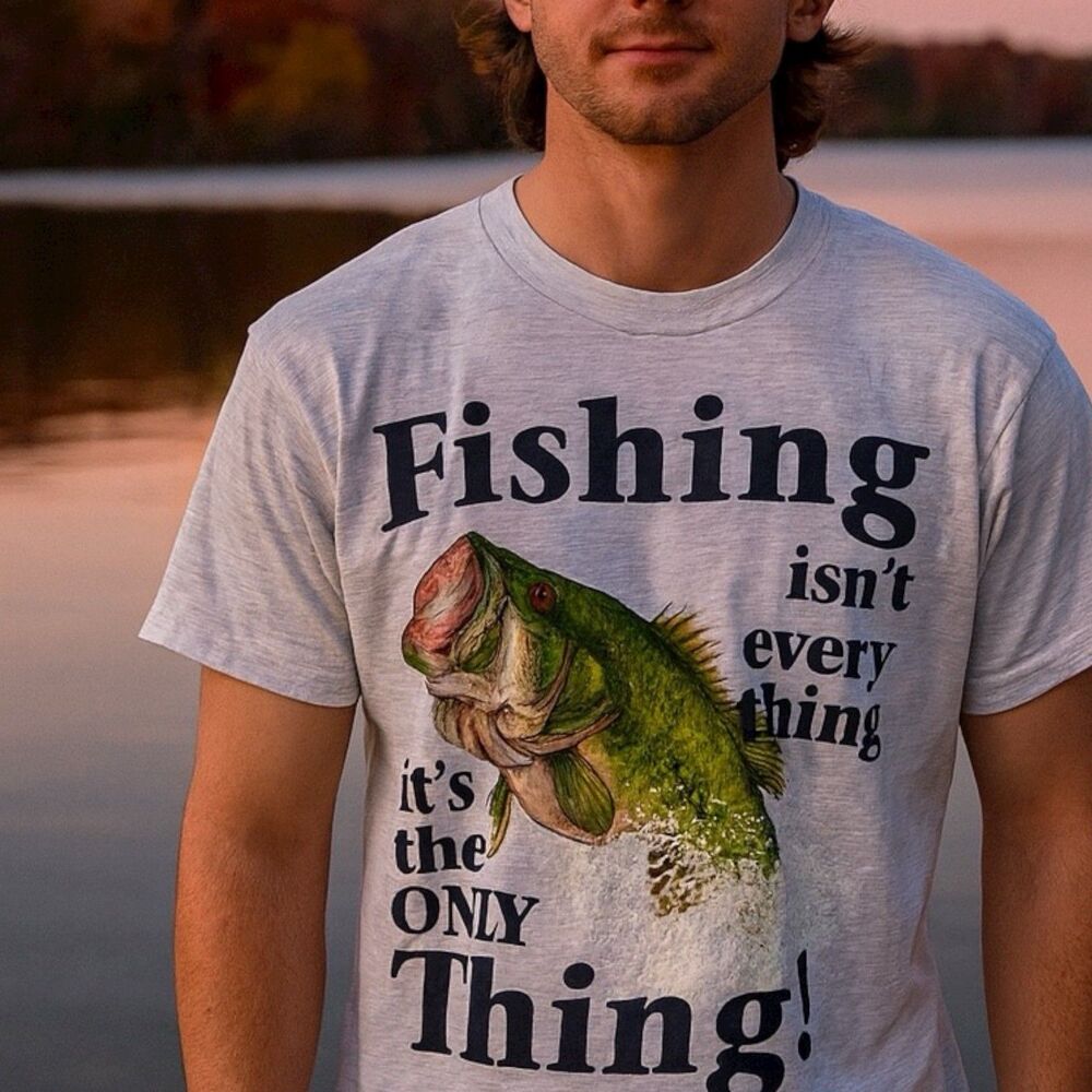 Vintage Fishing T Shirt S Gray Bass Fish Outdoors USA Made Graphic Tee